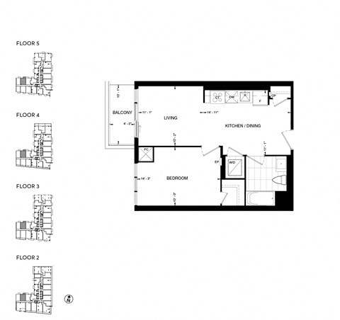 Floor plan for 1 bed, 1 bath, 574 sqft